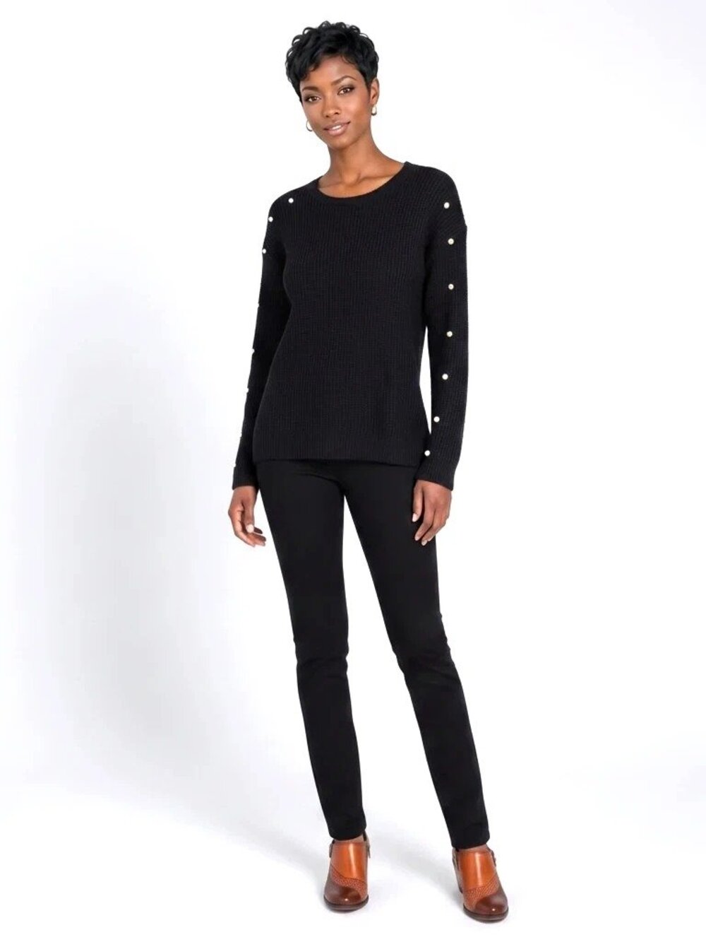 AQUA Cashmere Black Pearl-Embellished 100% Cashmere Crewneck Chunky Sweater Sz M
